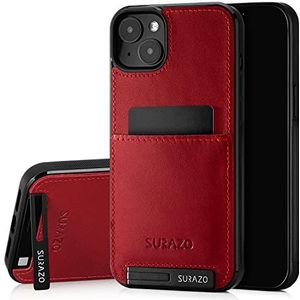 SURAZO Premium echt lederen achterkant voor Apple iPhone 14, stootvast lederen telefoonhoes met [kaartenvak, standfunctie, sleutelhanger] vintage slim bumper beschermhoes (Costa rood)