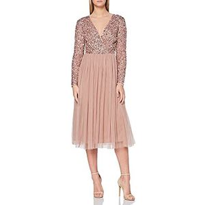 Maya Deluxe Elegante midi-jurk voor dames, bruiloft, mouwen, diepe V-hals, pailletten, cocktailjurk, afstudeerbal, bruidsmeisjesjurk, bruidsmeisje, Pale Mauve, 46