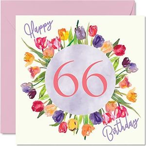Mooie 66e verjaardagskaarten voor vrouwen - Aquarel Tulpen Bloemen Boeket - Gelukkige Verjaardagskaart voor haar oma Nanny Gran Mum Verjaardagscadeaus, 145mm x 145mm Mooie Bloemen Wenskaarten Gift
