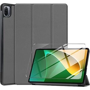 LYZXMY Hoesje + schermbeschermer voor Xiaomi Pad 5 / Xiaomi Pad 5 PRO/Xiaomi Pad 5 PRO 5G 11 inch Tablet 2021 - Gehard film, standfunctie PU lederen Tablet Cover Skin - Grijs