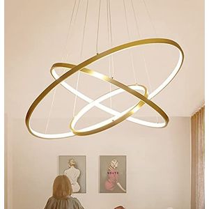 LED Plafondlamp Dimbaar, Woonkamer Plafondlamp Creatieve Ronde 3 Cirkel Ontwerp Hanglamp Eettafel, Dimbaar Met Afstandsbediening 3000K-6500K, Acryl Kantoor Decoratie Plafondlamp 115W. Goud