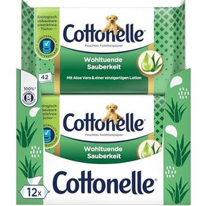 Cottonelle Vochtig toiletpapier, weldadige reiniging, met prebiotische lotion, biologisch afbreekbaar, plasticvrij, hersluitbaar, 12 x 42 vochtige doekjes