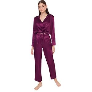 Trendyol Dames effen midden geweven hemd-broek pyjama set, paars, 40, Paars, 40