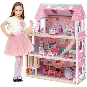 ROBUD Houten poppenhuis voor kinderen, poppenhuis speelgoedcadeau voor meisjes en jongens van 3, 4, 5 en 6 jaar