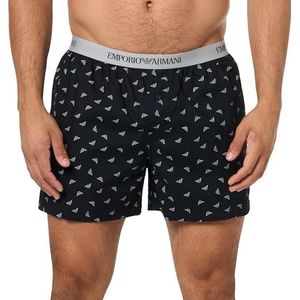 Emporio Armani Loungewear Garen Geverfd Geweven Pyjama Boxershorts voor heren, Zwart/Stone Eagles, XL