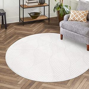 carpet city Vloerkleed, laagpolig woonkamer, wit, 160 cm rond, kapper met 3D-effect, geo-patroon, voor slaapkamer, hal, eetkamer