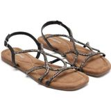 Gezondheidsslippers - Platte Leren Sandalen - Strass-Strepen - Gespsluiting