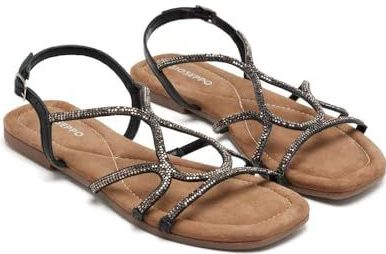 Gezondheidsslippers - Platte Leren Sandalen - Strass-Strepen - Gespsluiting