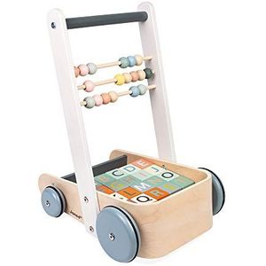 Janod - Sweet Cocoon Abc Buggy - Wooden Walking and Activity Cart - with 20 Alphabet Cubes, Numbers and Shapes Blocks + 3 Abacus Rows - Water Based Paints - from 1 Year Old, J04408