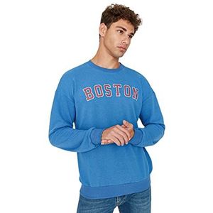 Trendyol Heren ronde hals met slogan Regular Sweater, blauw, S, Blauw, S