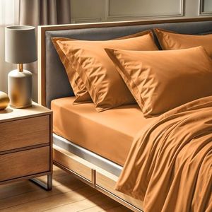 Premium Ranforce Dubbel hoeslaken (140 x 190 + 30 cm), 100% katoen, 155 draadtelling, oranje, machinewasbaar op 30 °C, zacht en duurzaam beddengoed