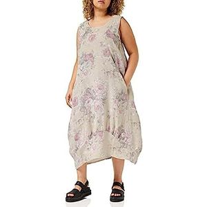 Bonateks, Lange jurk met V-hals en bloemenprint, 100% linnen, DE-maat: 42 US maat: XL, woestijn - Made in Italy, beige, 42