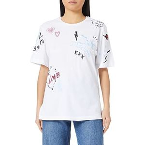 Love Moschino Dames Oversize Fit Short-Sleeved with Love & Sketches Prints and Embroideries T-Shirt, Optical White, 42