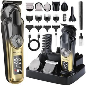 PORTENTUM Professionele tondeuse, set met 21 leds, baardtrimmer voor heren en gezicht, baardtrimmer, 6 opzetstukken, 7 opzetkammen, USB-C en compact opbergstation