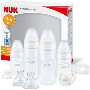 NUK First Choice+ Perfect Start Babyflessen Set Anti-colic Babyflessen (2 x 150 ml & 2 x 300 ml), flessenborstel & meer, 0-6 maanden met temperatuurregeling, Harten (wit)