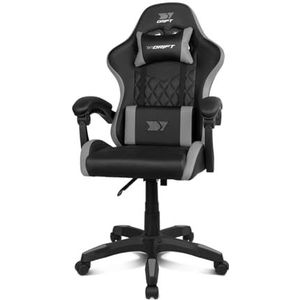 DRIFT GAMING DR35 professionele stoel, kunstleer, gevoerde armleuningen, zuiger klasse 3, versterkte nylon basis, draaibare zitting, in hoogte verstelbaar, lenden- / nekkussen, zwart/grijs