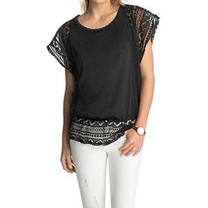 ESPRIT Dames T-shirt met kant, effen, zwart (black 001), L