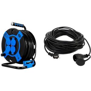 REV Kabelhaspel, IP44, outdoor, 4 geaarde stopcontacten, 50 m, zwart & REV 0065109 verlenging, verlengsnoer buiten water 10m 3680W, zwart