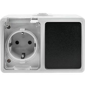 Waterdichte schuko-basis met schakelaar, IP-bescherming, ideaal voor buiten en gebruik in vochtige ruimtes, voor het aansluiten van elektrische apparaten.
