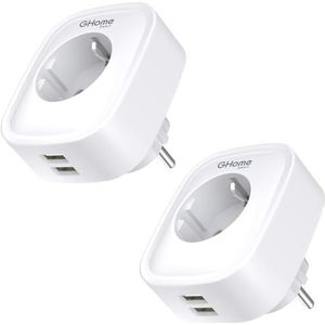 GHome Smart Met USB 16 A, wifi-stopcontact met stroomverbruik meten, met app-afstandsbediening, werkt met Alexa, Google Assistant, spraakbesturing en timer, verpakking van 2, wit