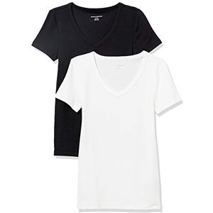 Amazon Essentials Women's T-shirt met korte mouwen en V-hals in slanke pasvorm, Pack of 2, Zwart/Wit, S