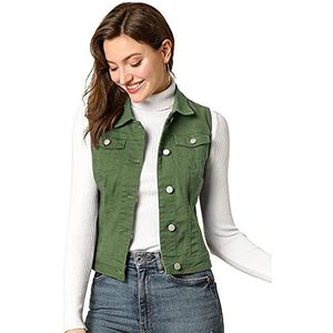 Allegra K Women's Buttoned Washed Denim Vest Jacket W Chest Flap Pockets X-Large Olive Green