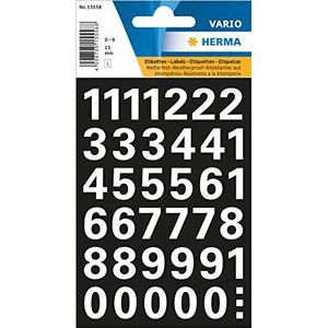 HERMA 15558 cijfer stickers 0-9, weerbestendig (lettergrootte 15 mm, 1 vellen, folie) zelfklevend, permanent klevende nummer sticker, 39 etiketten, zwart/transparant,Wit