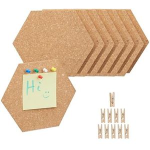 Relaxdays prikbord kurk, set van 14, mini, hexagon, kantoor, met punaises & knijpertjes, HBD: ca. 17,5x20x0,5 cm, natuur