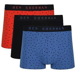 Ben Sherman Boxershorts voor heren in blauw/zwart/oranje | Soft Touch katoenen boxershorts met elastische tailleband, Blauw/Zwart/Oranje, L