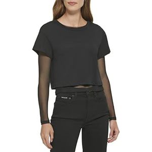 DKNY Dames T-shirt met korte mouwen met een twofer lange mouwen mesh top, zwart, S, zwart, S