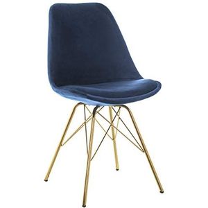 DRW Set van 2 metalen stoelen met zitting van fluweel in goud en blauw, 48 x 55 x 83 cm, zithoogte 50 cm