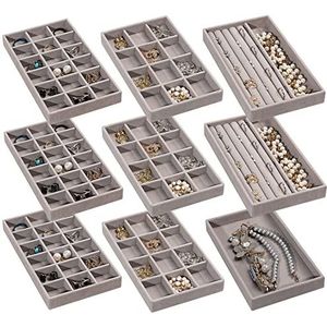 Frebeauty Sieraden Organizer Tray, Stapelbare Fluwelen Sieraden Trays, Lade Inserts Earring Organizer Voor Vrouwen Meisjes Sieraden Opslag Display Case voor Ringen Stud Kettingen, Set van 9 (Grijs)