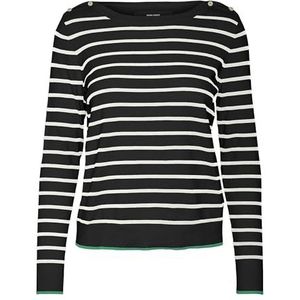 VERO MODA VMALMA LS Boatneck Button Pullover GA Boo L/S gebreide stof, zwart/strepen: sneeuwwit + helder groen contrasterende rand, XS, Zwart/Stripes: sneeuwwit + helder groen contrast rand, XS