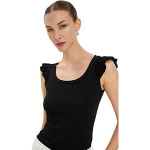Koton Dames ruffle U-hals geribbelde tanktop, zwart (999), L