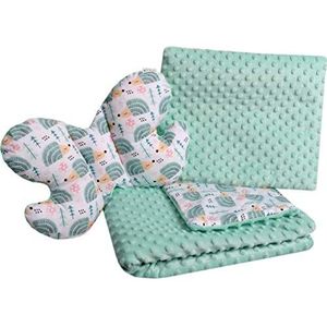 Babydeken, kruipdeken, set, 3-in-1, 100% katoen, Minky kinderdeken 55 x 75 + 35 x 30 cm, plat kussen en anti-shock kussen, vlinder Medi Partners (mint egel met mint minky)