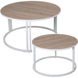 DRW Set van 2 salontafels van hout en metaal in wit en eiken, 80 x 43 en 60 x 38 cm