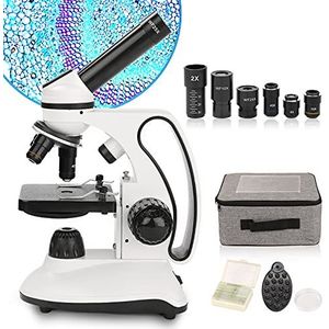 Biologische educatieve microscopen 40X-2000X Dual LED-verlichting Lab samengestelde monoculaire microscoop voor studenten Volwassenen met optische glazen lenzen, 15 dia's, AC-adapter, geschenken