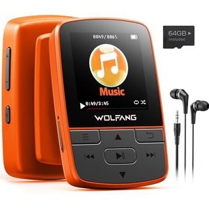 WOLFANG 64 GB MP3-spelers met Bluetooth 5.2, sportclip, mini-formaat, weegt 1 oz, HiF FM-radio, spraakrecorder, inclusief oortelefoons, oranje