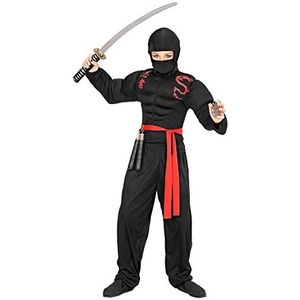 Widmann - Kinderkostuum gespierde ninja, spiershirt, bivakmuts, broek en riem, carnaval, themafeest, zwart