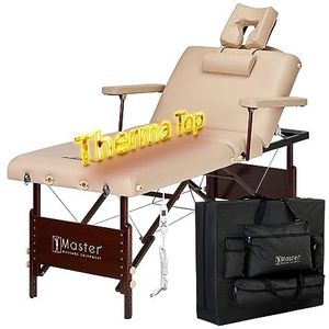 Master Massage Salon Therma Top Inklapbare mobiele massagestoel, massagebank, verwarmbare cosmetica-ligstoel, behandelingsligstoel, traploos verstelbare rugleuning, leer/hout, beige, 71 cm