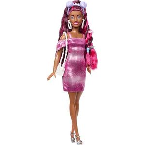 Barbie Pop, Fun & Fancy haar met extra lang kleurrijk zwart haar en glanzende roze jurk, 10 haar- en mode-speelaccessoires, JDC86