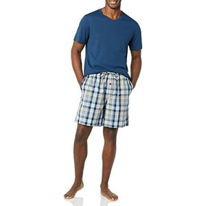 Amazon Essentials Katoenen popeline korte pyjamaset voor heren, met katoenen T-shirt, indigo/marineblauw geruit
