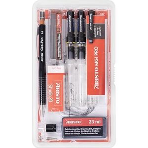 Aristo AR64150 mg1 Pro inktvulpen Studio Set 8-delig (3 inktvullingen mg1 Pro, lijndiktes 0,35/0,5/0,7 mm, fijnpotlood 0,5 mm met reserves, passieradapter, gum, tekeninkt zwart)