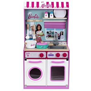 Theo Klein 7312 Barbie houten keuken met geïntegreerd poppenhuis 2 in 1 I speelkeuken met fornuis, wasmachine en accessoires I Speelgoed voor kinderen vanaf 3 jaar