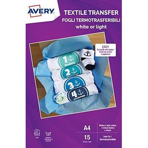 Avery UK Textile Transfer Paper voor lichte katoen, laserprinters, 1 afdrukbare stofoverdracht per A4-vel, 15 vellen per verpakking, Wit MD1004.UK