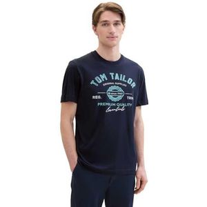 TOM TAILOR Heren T-shirt met logo-print van katoen, 10302, donkerblauw, XL