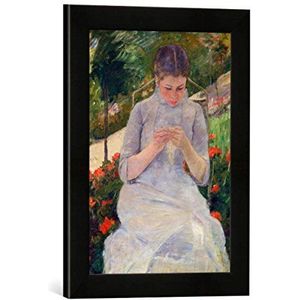 Ingelijste foto van Mary Cassat ""Jongen breiende vrouw in de tuin"", kunstdruk in hoogwaardige handgemaakte fotolijst, 30x40 cm, mat zwart