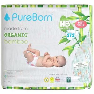 PureBorn Eco Organic Bamboe Luiers, Maat Newborn (<5 kg), 272 Luiers (2x136), Hypoallergeen, Ultrazacht, Milieuvriendelijk, Assorti Print, Natheidsindicator