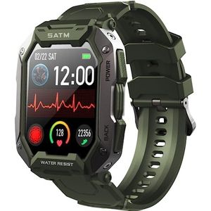 Militaire smartwatch voor heren, fitness, HD, 1,72 inch, tactisch horloge, outdoor, waterdicht, 5 ATM, robuuste sportarmband met hartslag, stappenteller, smartwatch voor iPhone Samsung