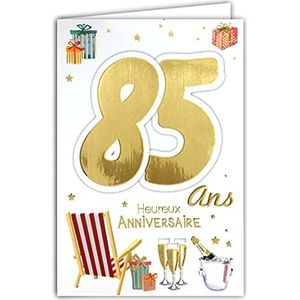 69-2143 verjaardagskaart, 85 jaar, heren, dames, champagneflöten, fauteuil, Thron, geschenken